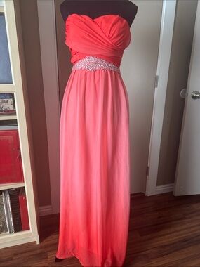Strapless Coral-Gradient Evening Dress with Beaded Waist